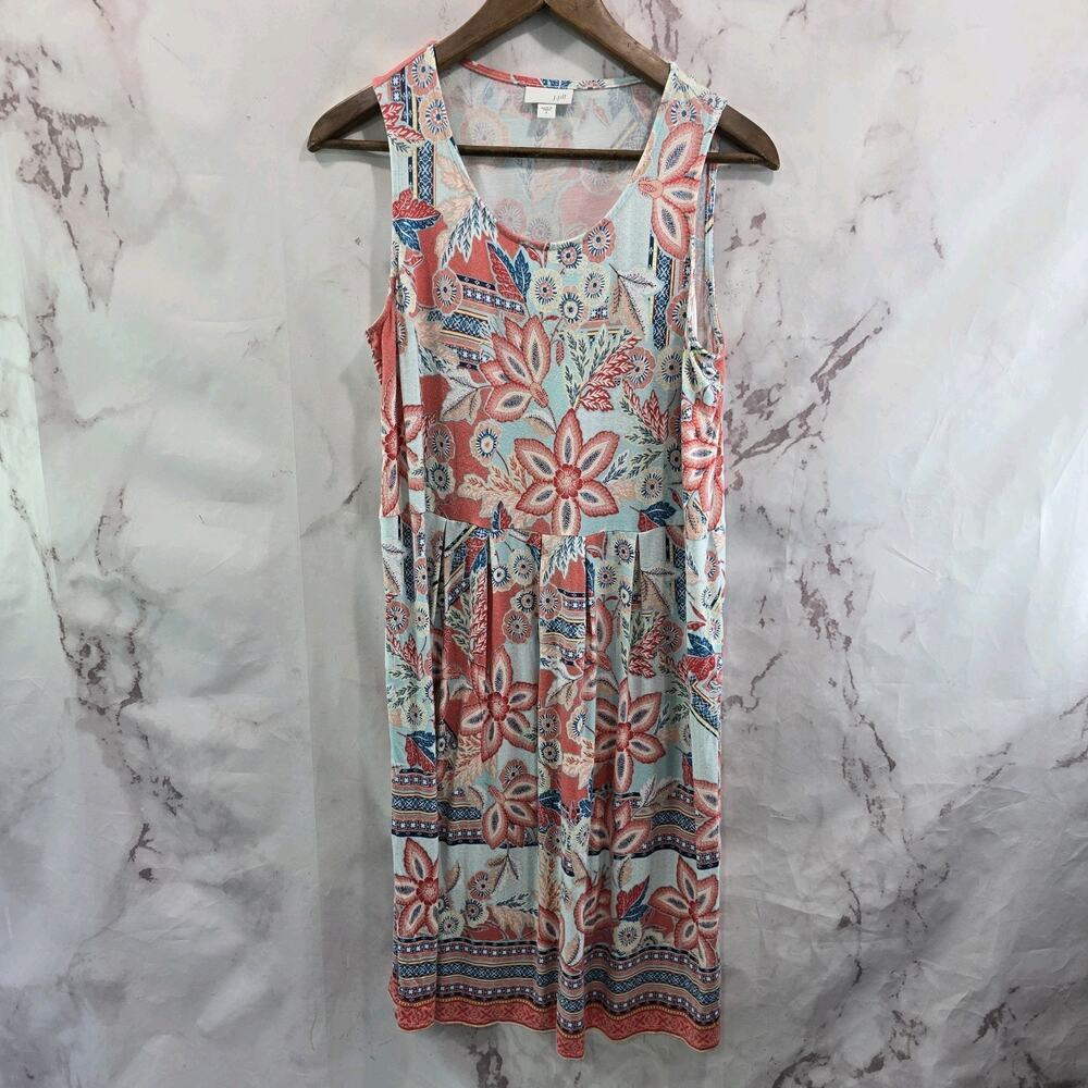 J Jill Dress Womens Small Tank Stretchy Blue Pink Floral Scoop Knee Length